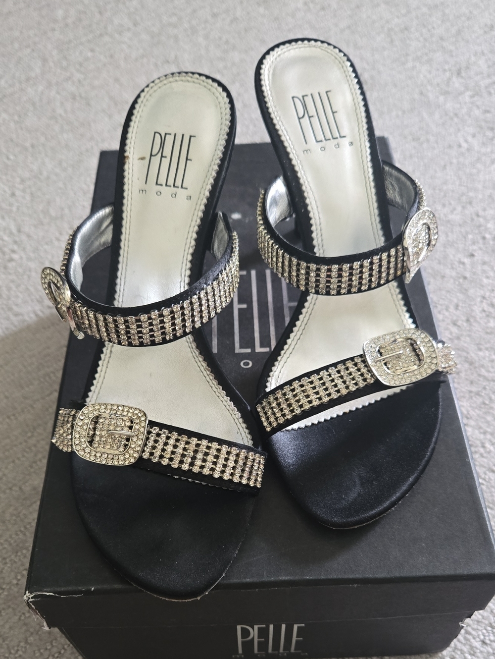Pelle Moda Black Slide Mules with Rhinestone Buckles
